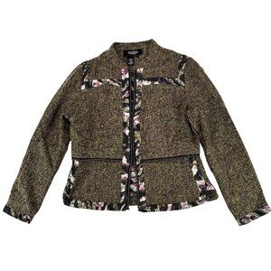 Peck & Peck Collection Womens Boho Tweed Jacket Size 8 Green Purple Floral Trim